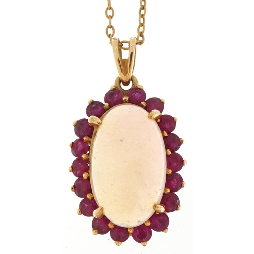 2123 - 18ct gold cabochon opal and pink spinel cluster pendant on a 9ct gold necklace, 2.7cm high and 40cm ... 