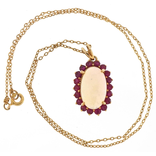 2123 - 18ct gold cabochon opal and pink spinel cluster pendant on a 9ct gold necklace, 2.7cm high and 40cm ... 