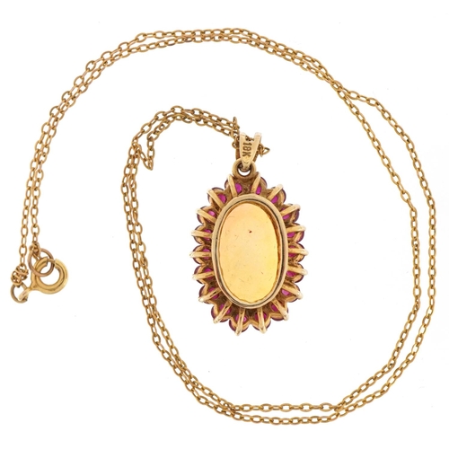 2123 - 18ct gold cabochon opal and pink spinel cluster pendant on a 9ct gold necklace, 2.7cm high and 40cm ... 