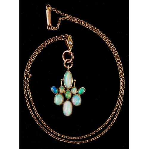 2186 - Unmarked gold cabochon opal cluster pendant on a 9ct gold necklace, 4.5cm high and 40cm in length, t... 