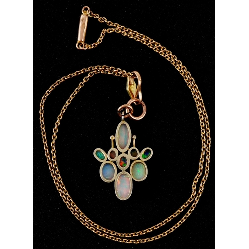 2186 - Unmarked gold cabochon opal cluster pendant on a 9ct gold necklace, 4.5cm high and 40cm in length, t... 