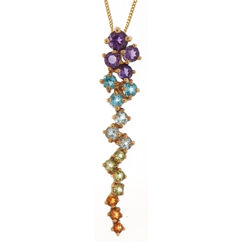 2238 - 9ct gold multi gem pendant on a 9ct gold necklace, 4cm high and 44cm in length, total 2.4g