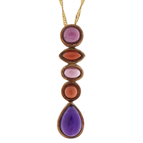 2261 - 9ct gold multi gem pendant on a 9ct gold necklace, 3cm high and 44cm in length, total 3.4g