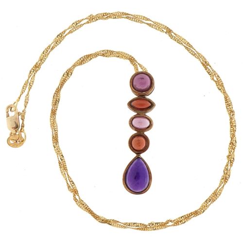 2261 - 9ct gold multi gem pendant on a 9ct gold necklace, 3cm high and 44cm in length, total 3.4g