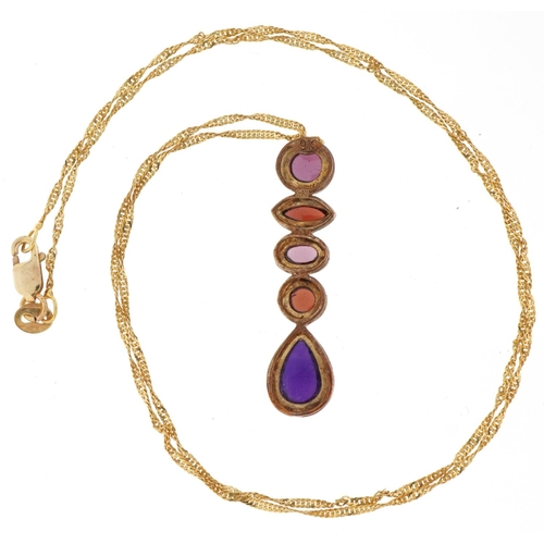 2261 - 9ct gold multi gem pendant on a 9ct gold necklace, 3cm high and 44cm in length, total 3.4g