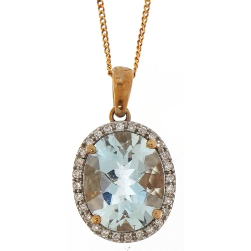 2209 - 9ct gold aquamarine and diamond cluster pendant on a 9ct gold necklace, 2cm high and 40cm in length,... 