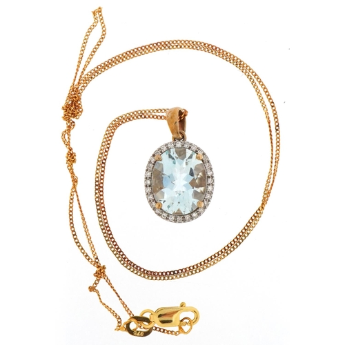 2209 - 9ct gold aquamarine and diamond cluster pendant on a 9ct gold necklace, 2cm high and 40cm in length,... 