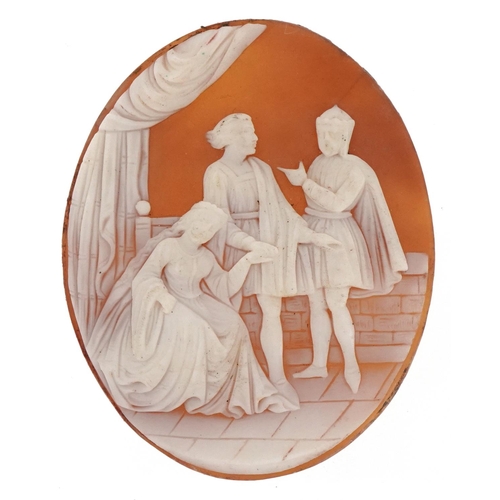 2201 - Victorian cameo shell panel carved with figures on a balcony, 5.5cm high, 10.0g