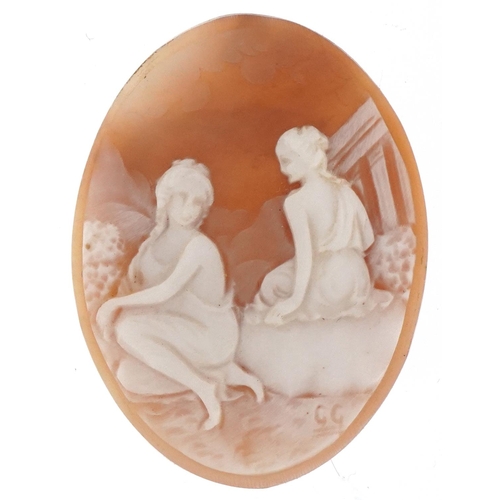 2254 - Victorian cameo shell panel carved with two semi nude maidens, 3.5cm high, 4.6g