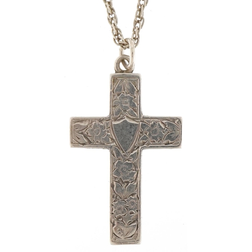 2419 - Edwardian floral engraved silver cross pendant on a white metal necklace, the pendant Birmingham 190... 