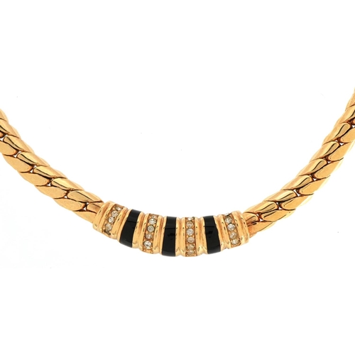 2462 - Christian Dior, vintage gold plated black enamel and clear stone necklace, 40cm in length, 44.7g