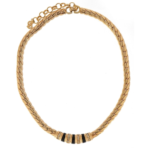 2462 - Christian Dior, vintage gold plated black enamel and clear stone necklace, 40cm in length, 44.7g