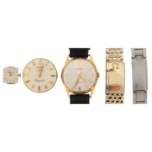 2685 - Vintage wristwatch parts including Omega watch strap, Jaeger LeCoultre ladies wristwatch movement an... 