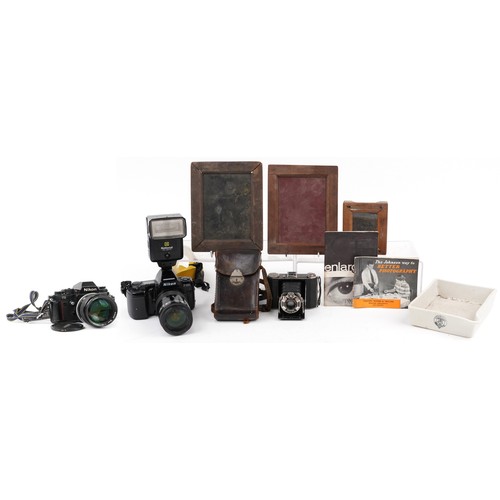 757 - Cameras and photography accessories including Nikon F3 camera with Nikor 85mm 1:1.4 lens and Nikon F... 