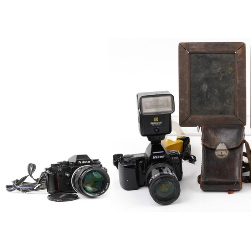 757 - Cameras and photography accessories including Nikon F3 camera with Nikor 85mm 1:1.4 lens and Nikon F... 