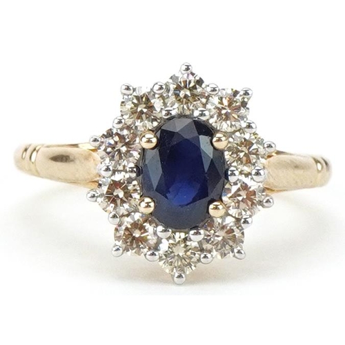 2345 - 9ct gold sapphire and diamond cluster ring, total diamond weight approximately 0.81 carat, sapphire ... 