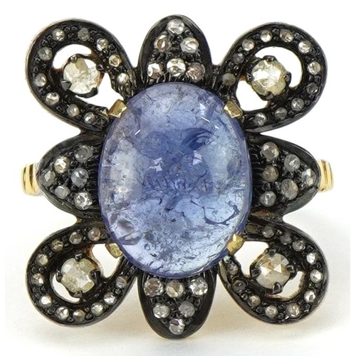 2036 - Silver gilt cabochon tanzanite and diamond cocktail ring, total diamond weight approximately 0.74 ca... 