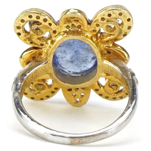 2036 - Silver gilt cabochon tanzanite and diamond cocktail ring, total diamond weight approximately 0.74 ca... 