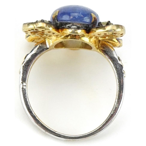 2036 - Silver gilt cabochon tanzanite and diamond cocktail ring, total diamond weight approximately 0.74 ca... 