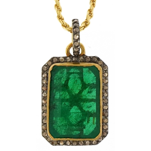 2355 - Yellow metal green stone and diamond pendant on a silver gilt necklace, total diamond weight approxi... 