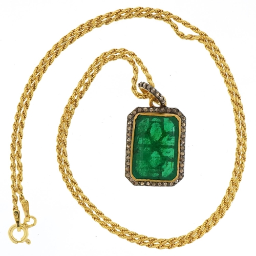 2355 - Yellow metal green stone and diamond pendant on a silver gilt necklace, total diamond weight approxi... 