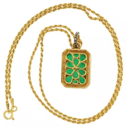 2355 - Yellow metal green stone and diamond pendant on a silver gilt necklace, total diamond weight approxi... 