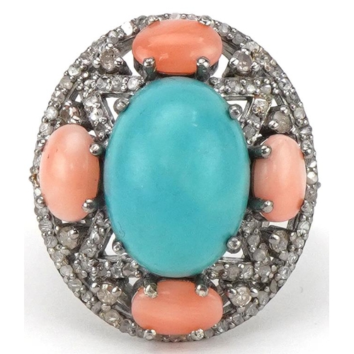 2176 - White metal diamond, cabochon turquoise and pink coral cocktail ring, total diamond weight approxima... 