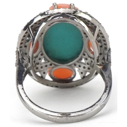 2176 - White metal diamond, cabochon turquoise and pink coral cocktail ring, total diamond weight approxima... 