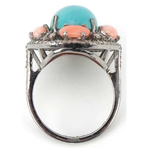 2176 - White metal diamond, cabochon turquoise and pink coral cocktail ring, total diamond weight approxima... 