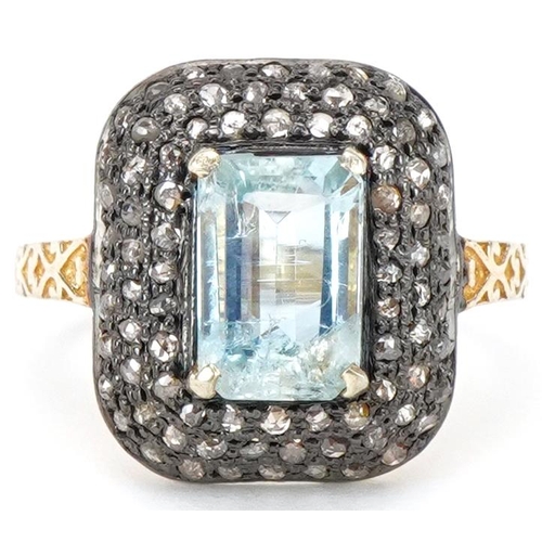 2078 - Antique style silver gilt aquamarine and diamond cluster ring, total diamond weight approximately 0.... 