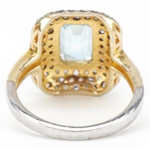 2078 - Antique style silver gilt aquamarine and diamond cluster ring, total diamond weight approximately 0.... 