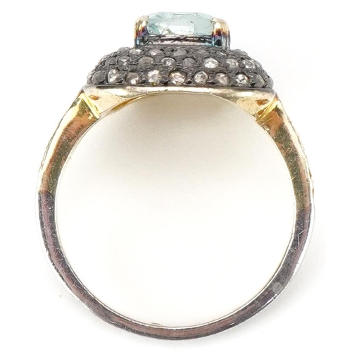 2078 - Antique style silver gilt aquamarine and diamond cluster ring, total diamond weight approximately 0.... 