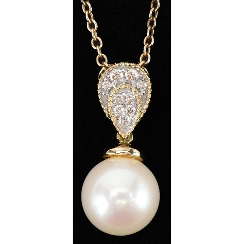 2160 - 9ct gold cultured pearl and diamond pendant on a 9ct gold necklace, 1.9cm high and 44cm in length, t... 