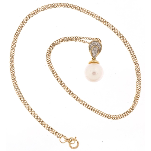 2160 - 9ct gold cultured pearl and diamond pendant on a 9ct gold necklace, 1.9cm high and 44cm in length, t... 