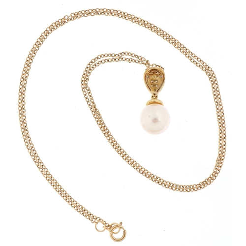 2160 - 9ct gold cultured pearl and diamond pendant on a 9ct gold necklace, 1.9cm high and 44cm in length, t... 