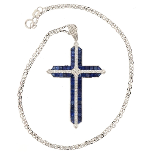 2316 - 18ct white gold sapphire and diamond cross pendant on an 18ct white gold necklace, total diamond wei... 