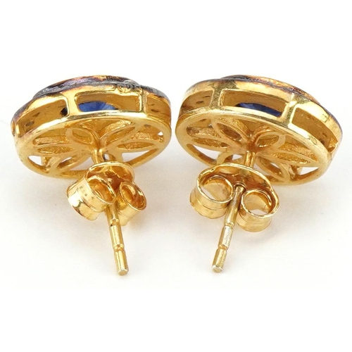 2222 - Pair of silver gilt sapphire and diamond cluster stud earrings, total diamond weight approximately 0... 