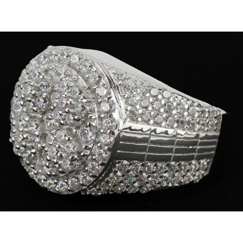 2101 - Silver cubic zirconia cluster ring, size K, 6.8g