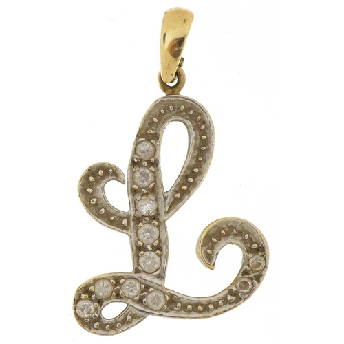 2265 - 9ct gold clear stone initial L pendant, 3.5cm high, 3.0g