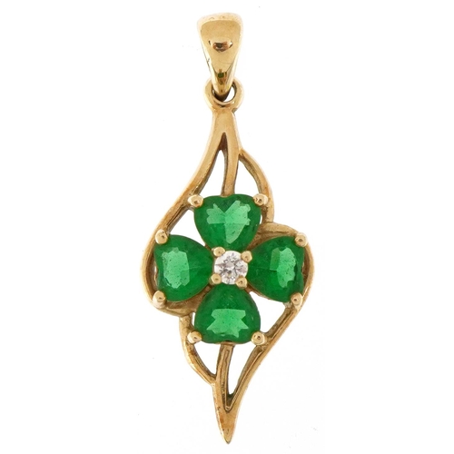 2219 - 9ct gold clear and green stone four leaf clover pendant, 3.2cm high, 2.5g