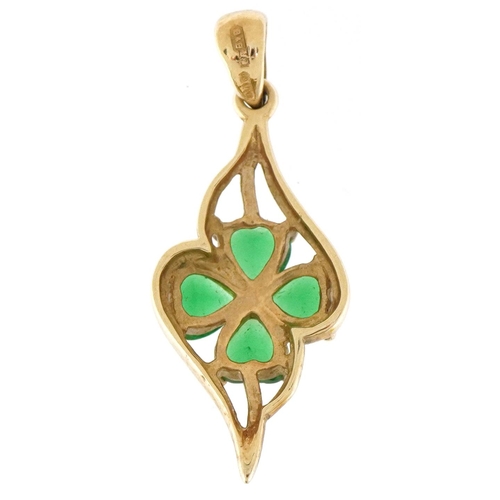 2219 - 9ct gold clear and green stone four leaf clover pendant, 3.2cm high, 2.5g