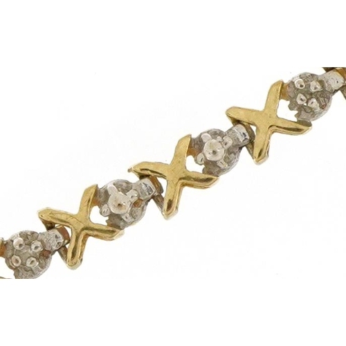 2163 - 9ct two tone gold diamond line bracelet, 18cm in length, 3.5g