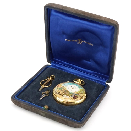 2014 - Gentlemen's gold plated Reuge Music open face pocket watch with box numbered 2443, 56mm in diameter