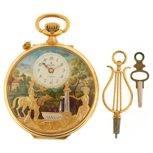 Gentlemen's gold plated Reuge Music open face pocket watch with box numbered 2443, 56mm in diameter