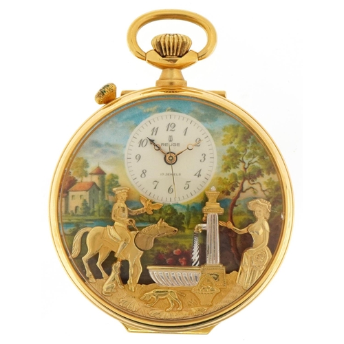 2014 - Gentlemen's gold plated Reuge Music open face pocket watch with box numbered 2443, 56mm in diameter