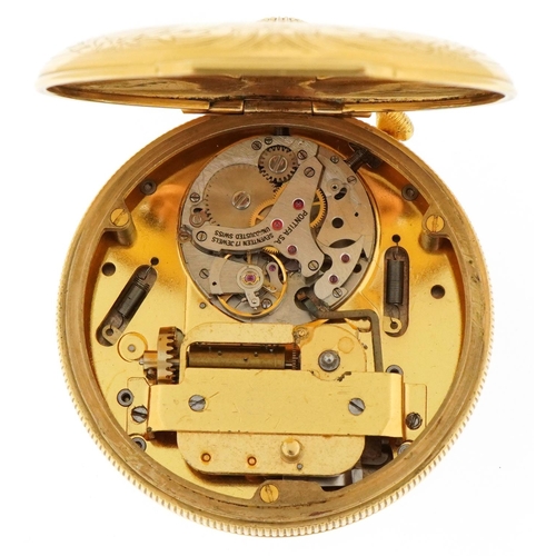 2014 - Gentlemen's gold plated Reuge Music open face pocket watch with box numbered 2443, 56mm in diameter