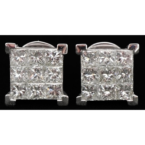 2369 - Pair of unmarked white gold princess cut diamond cluster stud earrings with certificate, total diamo... 