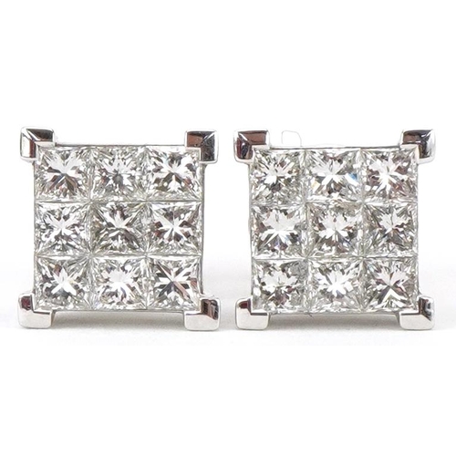 2369 - Pair of unmarked white gold princess cut diamond cluster stud earrings with certificate, total diamo... 