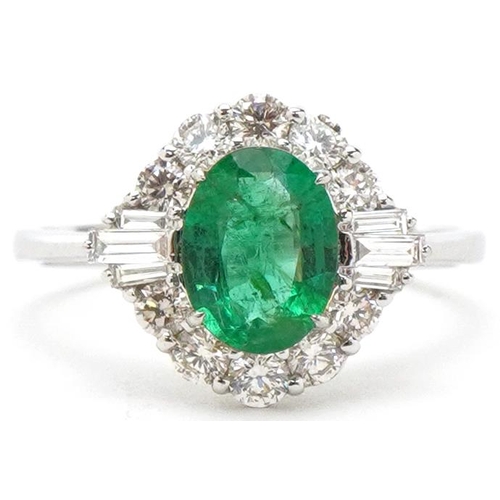 2433 - Art Deco style 18ct white gold emerald and diamond cluster ring with certificate, total diamond weig... 