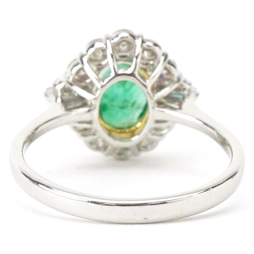 2433 - Art Deco style 18ct white gold emerald and diamond cluster ring with certificate, total diamond weig... 